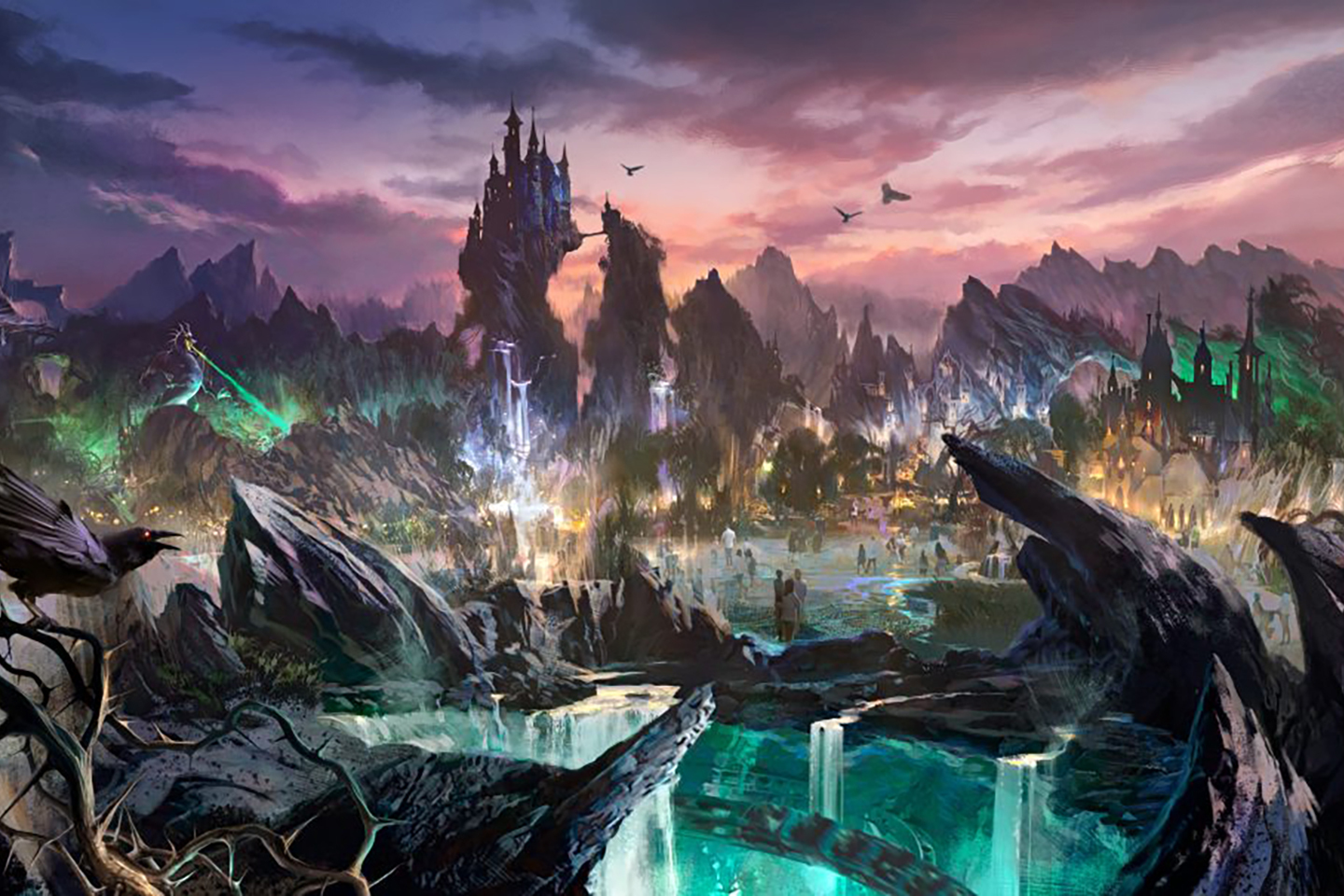 Artist rendering of Disney Villains Land, a dark and gloomy scene with castles and dragons.