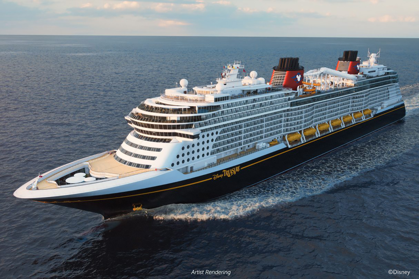 Artist rendering of Disney Treasure cruise ship, sailing across an expanse of ocean.