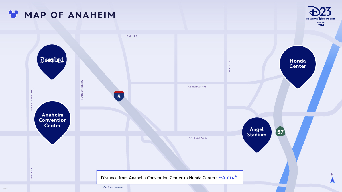 Map of Anaheim that representing the key locations for D23: The Ultimate Disney Fan Event in Anaheim, California: Disneyland in the north west side of the map, the Anaheim Convention Center just south of Disneyland, Angel Stadium in the south east side of the map, and the Honda Center slightly north east of Angel Stadium. The distance from the Anaheim Convention Center to the Honda Center is approximately 3 miles.