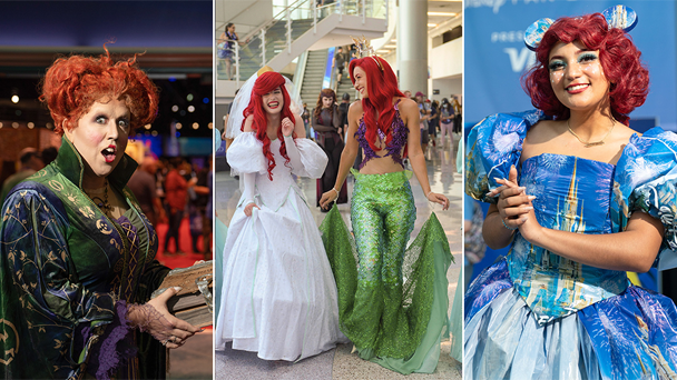Fans from the previous D23 Cosplay Meet-Ups, including a cosplayer dressed as Winnifred Sanderson from the film Hocus Pocus, two cosplayers dressed as Ariel from The Little Mermaid, and a cosplayer dressed as Disneyland Park.