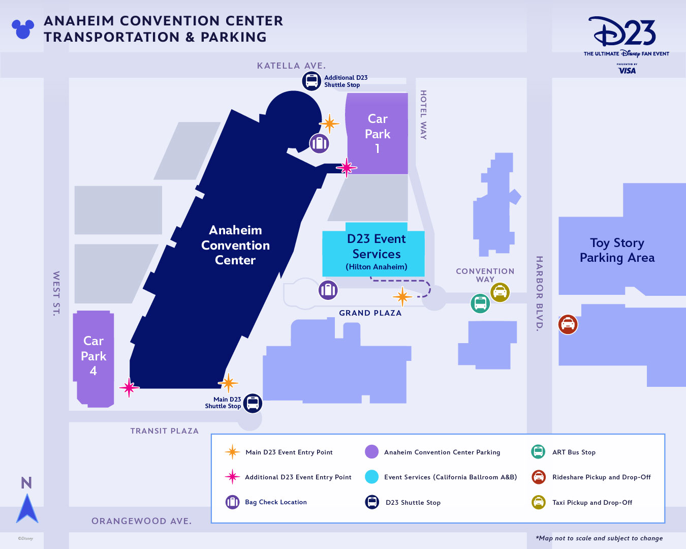 Anaheim Convention Center Transportation and Parking map representing transportation and parking availability for the D23: The Ultimate Disney Fan Event at the Anaheim Convention Center. This map shows the Anaheim Convention Center in the middle of the map with Car Park 1 to the east and Car Park 4 to the west. The main D23: The Ultimate Disney Fan Event shuttle stop is on Transit Plaza south of the convention center and the secondary Event shuttle stop is on Katella Avenue north of the convention center. Event Services is located to the east of the convention center at the Hilton Anaheim, California Ballroom A & B, and the main D23 Event Entry Points, which are at Grand Plaza, Arena Plaza, and Transit Plaza. There is a walking path from the Hilton Anaheim to the D23 Event Entry Point in the Grand Plaza. Additional D23 Event Entry points are located near Car Park 1 northeast of the convention center and Car Park 4 southwest of the convention center. The ART bus stop is to the east of the convention center along Convention Way, rideshare pick up and drop off is located across the street on the east side of Harbor Boulevard, and taxi pick up and drop off is located on Convention Way. There are bag check locations in Arena Plaza and Grand Plaza.