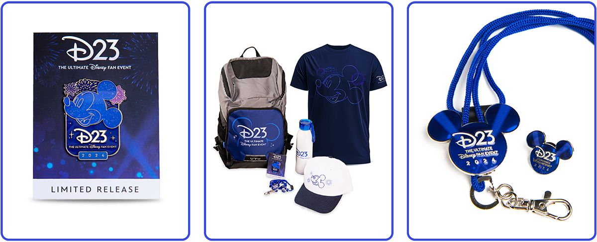 A tryptic depicting 3 exclusive items for sale with ticket purchase to D23: The Ultimate Disney Fan Event. The first image depicts the D23 2024 Collector’s Pin featuring Mickey Mouse in front of exploding fireworks. The second depicts the D23 2024 Ultimate Fan Bundle including D23 2024 backpack, T-shirt, hat, water bottle, Collector's pin, and bolo lanyard & lapel pin set. The third depicts the D23 2024 Bolo Lanyard & Lapel pin set.